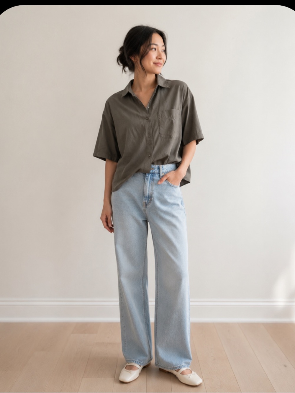Massimo Dutti  sage green cotton oversized button down boxy top